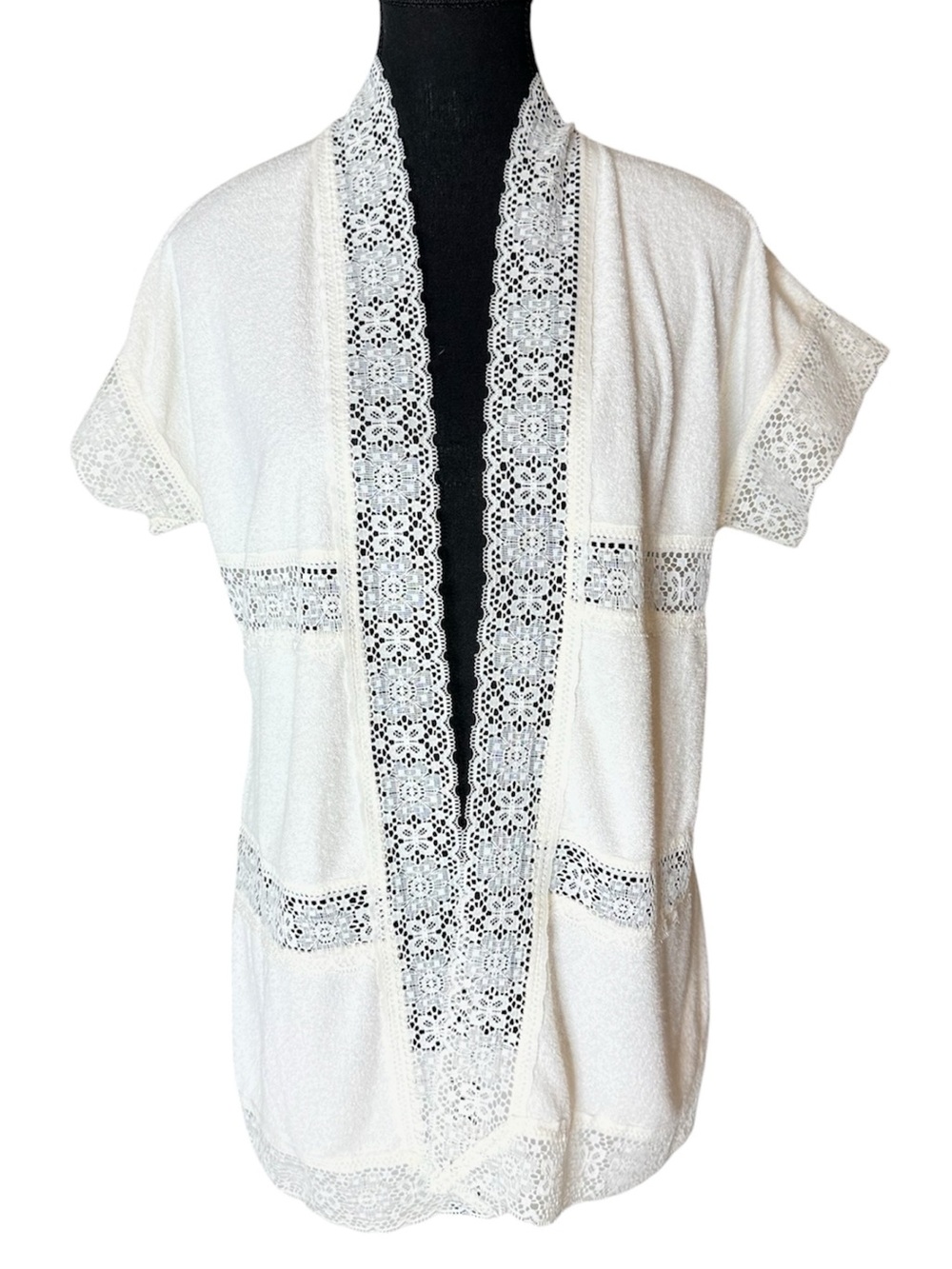 Vintage Boho Hippy Terri-cloth Lace Short Sleeve Cardigan Ivory Small Medium